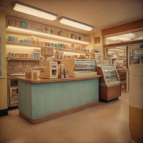 pharmacy,cosmetics counter,soap shop,retro diner,ice cream shop,convenience store,soda shop,kitchen shop,soda fountain,general store,vintage kitchen,apothecary,bakery,ice cream parlor,vintage theme,pastry shop,watercolor shops,store fronts,ice cream stand,jewelry store,Photography,General,Cinematic