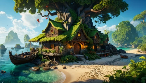 monkey island,popeye village,the island,an island far away landscape,floating islands,mushroom island,islands,fairy village,island,islet,treehouse,flying island,tree house,floating island,isle,house of the sea,island suspended,fairy house,java island,delight island,Photography,General,Fantasy