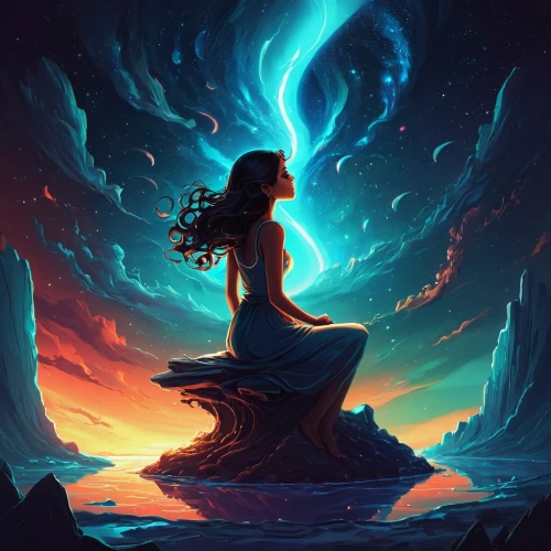 mystical portrait of a girl,meditation,world digital painting,meditative,mermaid silhouette,aura,aquarius,fantasy portrait,meditate,sirens,digital art,astral traveler,siren,aporia,mantra om,moana,mermaid background,sci fiction illustration,andromeda,yogananda,Conceptual Art,Fantasy,Fantasy 21