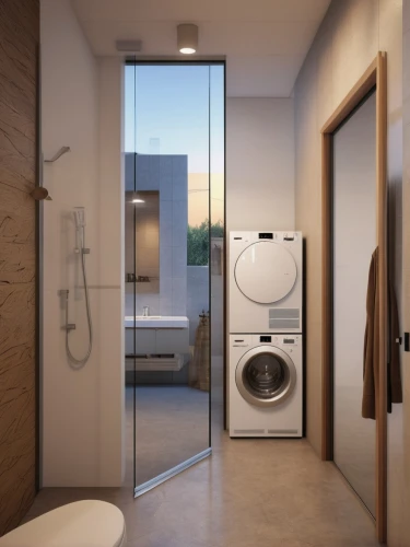 laundry room,modern minimalist bathroom,3d rendering,smart home,shower door,modern decor,modern room,clothes dryer,luxury bathroom,shower panel,search interior solutions,interior modern design,mollete laundry,smarthome,shower base,sliding door,plumbing fitting,heat pumps,smart house,contemporary decor,Photography,General,Realistic