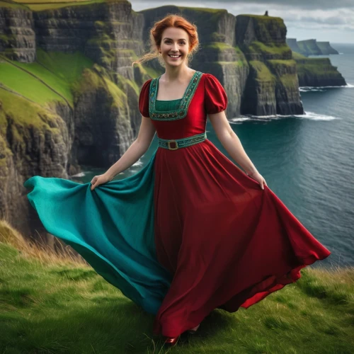 celtic woman,celtic queen,ireland,cliff of moher,cliffs of moher,irish,princess anna,moher,orla,celtic harp,carrick-a-rede,hoopskirt,girl in a long dress,red gown,ginger rodgers,cliffs of moher munster,man in red dress,donegal,shetlands,orkney island,Photography,General,Fantasy