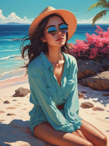 beach background,world digital painting,summer background,panama hat,portrait background,idyllic,dream beach,girl on the dune,digital painting,colorful background,high sun hat,aloha,relaxed young girl,girl wearing hat,beautiful beach,creative background,sun hat,beach landscape,color turquoise,straw hat,Conceptual Art,Fantasy,Fantasy 32