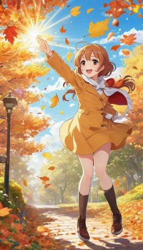 autumn background,falling on leaves,autumn theme,autumn scenery,throwing leaves,autumn sun,yui hirasawa k-on,golden autumn,autumn walk,leaf background,light of autumn,autumn sunshine,autumn,autumn day,in the autumn,autumn frame,autumn in japan,autumn sky,autumn leaves,in the fall,Illustration,Japanese style,Japanese Style 19