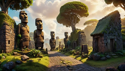 easter island,easter islands,moai,ancient city,druid grove,mushroom landscape,mushroom island,rapanui,necropolis,rapa nui,pano,background with stones,panoramical,pathway,megalith,360 ° panorama,ruins,3d render,oasis,virtual landscape,Photography,General,Cinematic