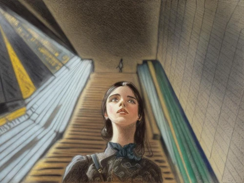 girl on the stairs,the girl at the station,escalator,metro escalator,vertigo,sci fiction illustration,stairway,subway station,elevator,escher,looking up,stairwell,looking down,girl in a long,woman walking,grant wood,woman sitting,woman thinking,passage,art deco woman,Art sketch,Art sketch,Traditional