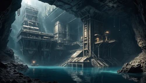 mining facility,dungeon,dungeons,underground lake,crypto mining,ancient city,salt mine,mining,cave on the water,megalith facility harhoog,industrial ruin,sunken church,castle of the corvin,mining excavator,imperial shores,mine shaft,bitcoin mining,water castle,atlantis,cenote,Conceptual Art,Fantasy,Fantasy 33