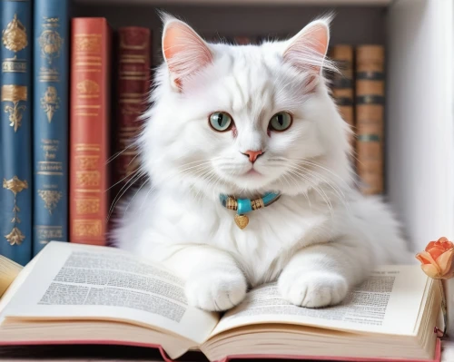 turkish angora,turkish van,scholar,bookmark,bookworm,white cat,bookmark with flowers,fluffy diary,reader,cat european,publish a book online,cat image,author,book einmerker,read a book,book gift,pet vitamins & supplements,book stack,napoleon cat,books,Illustration,Paper based,Paper Based 11