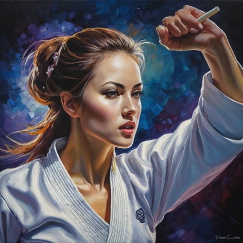 oil painting on canvas,woman pointing,oil painting,art painting,meticulous painting,mystical portrait of a girl,wing chun,painting technique,baton twirling,oil on canvas,dance with canvases,martial arts,woman playing,pointing woman,tang soo do,taijiquan,painter,lady pointing,romantic portrait,italian painter,Illustration,Realistic Fantasy,Realistic Fantasy 30