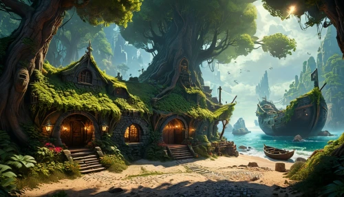 house in the forest,fantasy landscape,fairy village,druid grove,monkey island,elven forest,treehouse,fairy forest,tree house,popeye village,cartoon video game background,an island far away landscape,fairy house,mushroom landscape,enchanted forest,mushroom island,fairytale forest,cartoon forest,summer cottage,fantasy picture,Photography,General,Fantasy