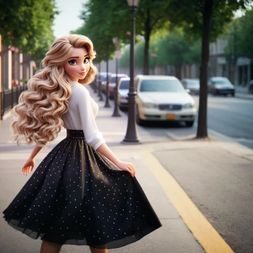 rapunzel,doll dress,model doll,fashion doll,barbie,a girl in a dress,girl walking away,dress doll,girl in a long dress from the back,girl in a long dress,smooth hair,retro woman,fashion dolls,retro girl,barbie doll,blonde woman,hoopskirt,artificial hair integrations,50's style,female doll