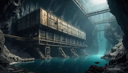 mining facility,sunken ship,industrial ruin,salt mine,sunken church,heavy water factory,floating production storage and offloading,very large floating structure,ship wreck,ghost ship,underground lake,sunken boat,factory ship,megalith facility harhoog,cave on the water,the ark,shipwreck,concrete ship,industrial landscape,crypto mining,Conceptual Art,Fantasy,Fantasy 33