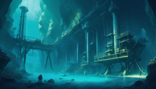 mining facility,the blue caves,fantasy landscape,blue cave,imperial shores,sci fiction illustration,ancient city,undersea,dungeons,blue caves,underwater landscape,atlantis,industrial ruin,shipwreck,industrial landscape,futuristic landscape,sea caves,underwater playground,sunken ship,fjord,Conceptual Art,Fantasy,Fantasy 02