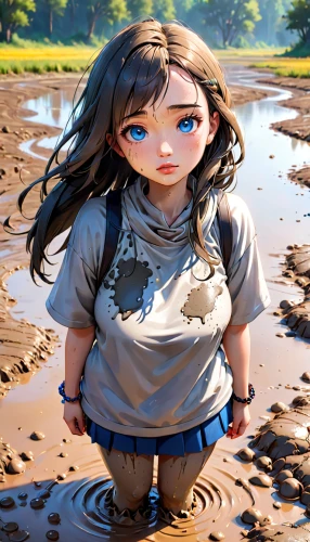 girl in t-shirt,puddle,puddles,mud,girl on the river,tide pool,world digital painting,cute cartoon character,agnes,worried girl,wading,children's background,little girl in wind,girl on the dune,isolated t-shirt,clay doll,kids illustration,child girl,cute cartoon image,tide,Anime,Anime,Cartoon