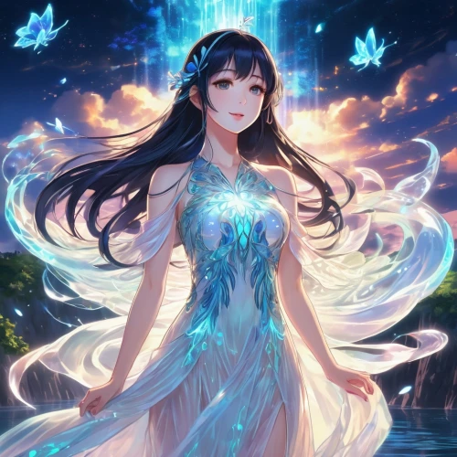 water-the sword lily,aurora butterfly,vanessa (butterfly),winterblueher,ice queen,aurora,mermaid background,water nymph,fantasia,rusalka,cg artwork,fairy galaxy,azure,fairy queen,the snow queen,luminous,flower fairy,flora,jasmine blue,aquarius,Illustration,Japanese style,Japanese Style 03