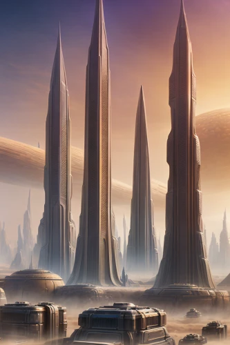 futuristic landscape,alien world,ancient city,futuristic architecture,alien planet,fantasy landscape,stargate,pillars,minarets,exoplanet,monolith,sci fiction illustration,fantasy city,megaliths,human settlement,sci fi,sci-fi,sci - fi,desert planet,towers