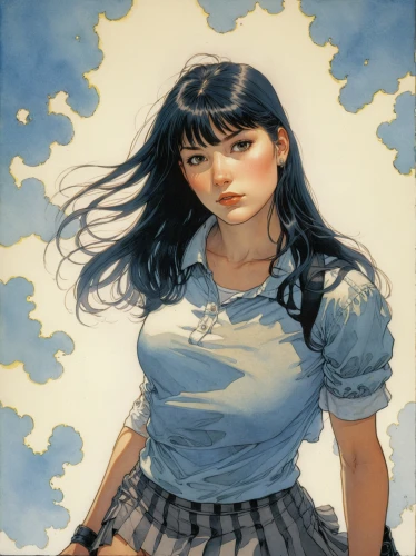 hinata,school skirt,blue sky clouds,denim skirt,sky,blue sky and clouds,vintage angel,retro girl,blue sky,schoolgirl,sailor,mari makinami,cumulus,blue sky and white clouds,girl with speech bubble,cotton top,wind,watercolor blue,clouds,digital painting,Illustration,Realistic Fantasy,Realistic Fantasy 04