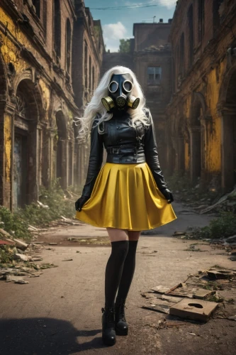 kryptarum-the bumble bee,streampunk,cosplay image,canary,luxury decay,urbex,post apocalyptic,girl in a historic way,yellow and black,eastern ukraine,fusion photography,conceptual photography,respirator,gothic fashion,femme fatale,digital compositing,masquerade,photomanipulation,canary bird,cosplayer,Photography,General,Fantasy