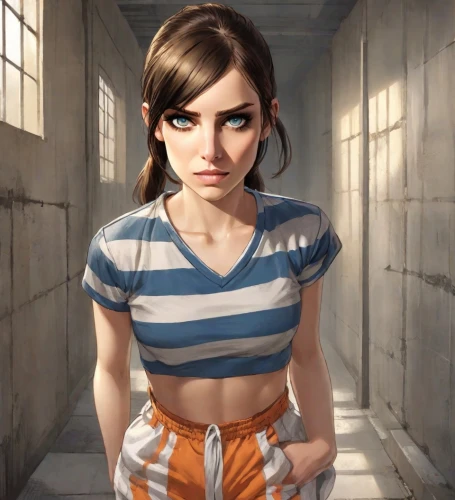croft,girl in t-shirt,girl portrait,lara,prisoner,world digital painting,lis,chainlink,the girl's face,detention,tied up,clementine,portrait background,girl in overalls,lori,young woman,horizontal stripes,girl with gun,game art,eleven,Digital Art,Comic