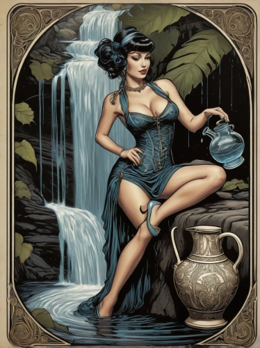 coffee tea illustration,water nymph,agua de valencia,rusalka,woman at the well,game illustration,absinthe,tea party collection,woman drinking coffee,fantasy portrait,tea card,retro pin up girl,pin-up girl,sorceress,celtic queen,watercolor pin up,pin ups,pin-up model,cybele,fantasy art,Illustration,Black and White,Black and White 01