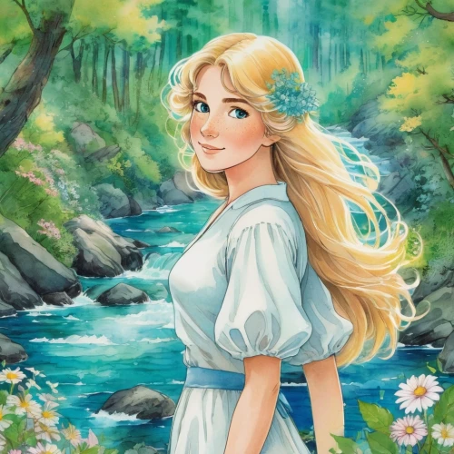 elsa,the blonde in the river,rapunzel,cinderella,heidi country,fairy tale character,fantasia,tiana,water nymph,girl on the river,flora,watercolor background,frula,water rose,jasmine,fairy world,fantasy portrait,jessamine,lilly of the valley,fairy tale,Illustration,Vector,Vector 21