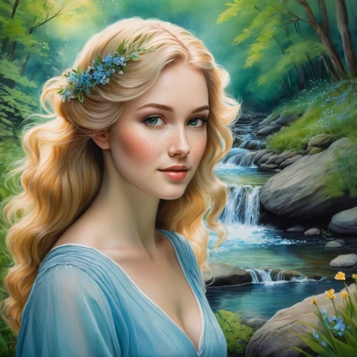 celtic woman,fantasy portrait,faery,elsa,faerie,fantasy art,jessamine,fairy queen,fantasy picture,fairy tale character,romantic portrait,mystical portrait of a girl,the blonde in the river,enchanting,beautiful girl with flowers,white rose snow queen,portrait background,cinderella,world digital painting,fantasy woman,Illustration,Realistic Fantasy,Realistic Fantasy 30