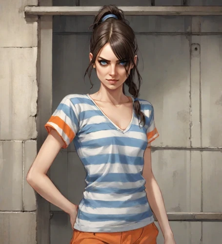 vanessa (butterfly),croft,clementine,overalls,girl in overalls,lori,horizontal stripes,retro girl,girl with a gun,female nurse,girl with gun,lara,polo shirt,cotton top,veronica,nora,pigtail,nurse uniform,holding a gun,waitress,Digital Art,Comic