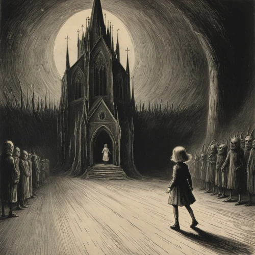 haunted cathedral,pilgrimage,the black church,pedestrian,girl walking away,black church,blood church,chalk drawing,woman walking,purgatory,dark art,dark gothic mood,hall of the fallen,church painting,gothic church,notre dame,gothic,all saints' day,dark world,a pedestrian,Illustration,Black and White,Black and White 23