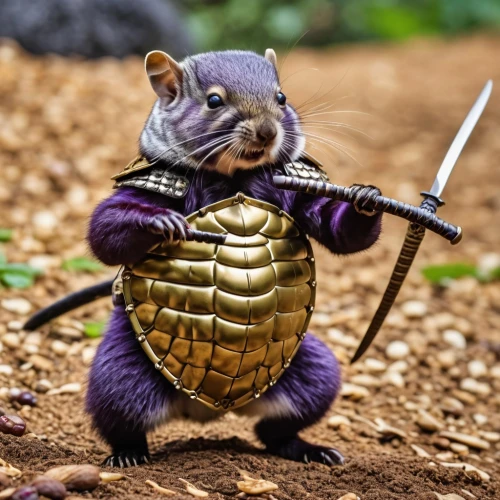 robin hood,armored animal,assassin,rataplan,musical rodent,ban,gerbil,monkey soldier,animals play dress-up,purple,wall,masked shrew,thanos,dwarf armadillo,patrol,purple and gold,splinter,rat na,patrols,cat warrior,Photography,General,Realistic