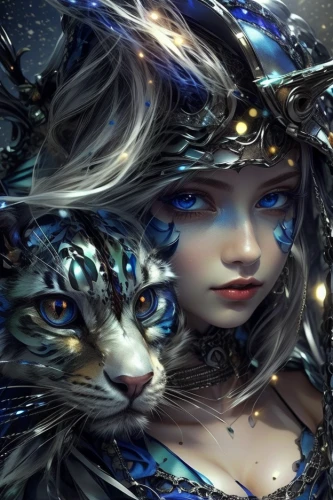 cat with blue eyes,fantasy art,blue enchantress,fantasy picture,fantasy portrait,faery,blue eyes cat,faerie,the enchantress,3d fantasy,feline,mystical portrait of a girl,blue eyes,silver tabby,feline look,masquerade,antasy,cat's eyes,mirror of souls,mermaid background