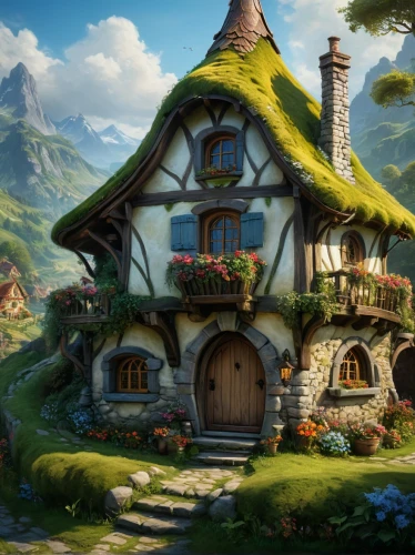 hobbiton,alpine village,fairy house,hobbit,home landscape,fairy village,mountain settlement,little house,beautiful home,knight village,crooked house,aurora village,small house,country cottage,ancient house,dandelion hall,fantasy picture,witch's house,summer cottage,northrend,Photography,General,Fantasy