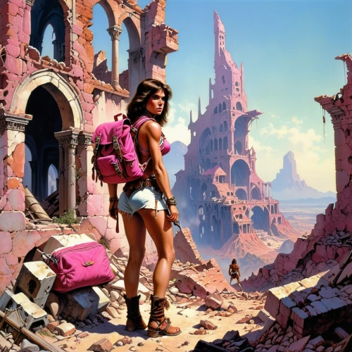 pink city,sci fiction illustration,fantasy picture,fantasy art,ruin,travelers,ruins,traveler,wasteland,traveller,post apocalyptic,destroyed city,3d fantasy,travel woman,backpacker,world digital painting,nomad,pink dawn,ruined castle,digital nomads,Conceptual Art,Sci-Fi,Sci-Fi 19