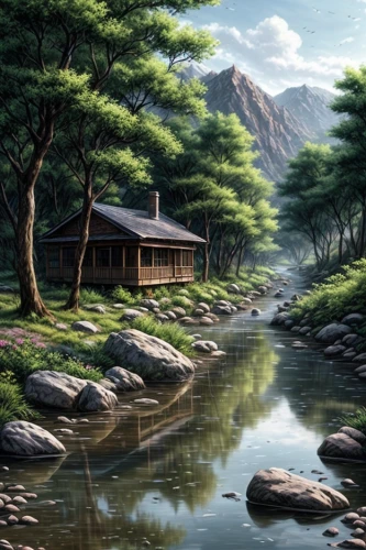 landscape background,home landscape,house in mountains,the cabin in the mountains,korean folk village,japan landscape,house with lake,mountain scene,house in the mountains,small cabin,golden pavilion,summer cottage,house in the forest,south korea,log cabin,river landscape,fisherman's house,mountain settlement,cottage,oriental painting
