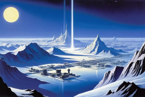 ice planet,futuristic landscape,lunar landscape,ice castle,earth rise,moon base alpha-1,ice landscape,thermokarst,nordland,valley of the moon,ice hotel,terraforming,alien planet,north pole,ice floes,borealis,south pole,arctic,aurora village,alien world,Conceptual Art,Sci-Fi,Sci-Fi 16