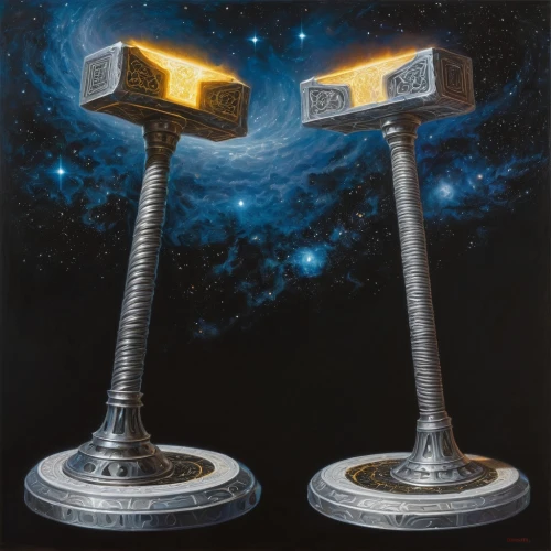 candlesticks,constellation pyxis,golden candlestick,torches,light posts,candlestick,barstools,celestial bodies,torch-bearer,lampions,telescopes,bolts,astronomers,menorah,street lamps,table lamps,pair of dumbbells,anvil,delineator posts,trophies,Illustration,Realistic Fantasy,Realistic Fantasy 03