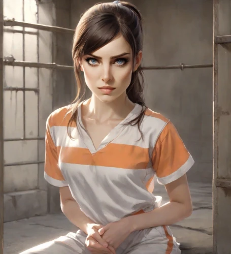 croft,prisoner,detention,chainlink,vanessa (butterfly),portrait background,polo shirt,clementine,prison,tee,lara,nora,kosmea,the girl's face,tied up,holding a gun,lis,orange,girl with a gun,girl in t-shirt