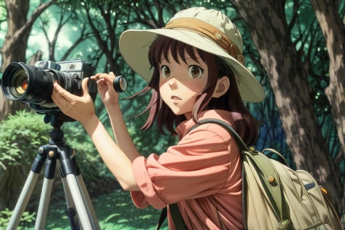 a girl with a camera,camera illustration,nature photographer,mamiya,photographer,camera photographer,taking photo,taking picture,slr camera,camerist,taking photos,point-and-shoot camera,anime 3d,full frame camera,digital slr,photographers,photo lens,camera drawing,cinematographer,viewfinder