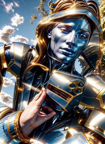 joan of arc,cuirass,biomechanical,shiva,god shiva,blue enchantress,sci fiction illustration,cybernetics,armor,dark blue and gold,goddess of justice,fantasy art,lord shiva,cg artwork,athena,astral traveler,golden mask,mary-gold,foil and gold,knight armor