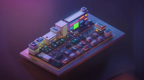 isometric,3d render,3d mockup,cinema 4d,computer cluster,colorful city,apartment block,city blocks,skyscraper town,electric tower,circuitry,circuit board,mixed-use,modular,blur office background,the server room,pixel cube,neon coffee,cubes,an apartment