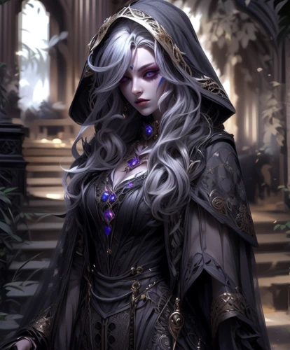 dark elf,sorceress,undead warlock,violet head elf,widow,fantasy portrait,gothic woman,the enchantress,raven,gothic fashion,priestess,gothic portrait,veil purple,sterntaler,dodge warlock,fantasy art,gothic style,mezzelune,raven girl,libra