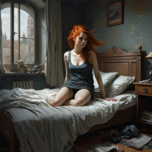 woman on bed,girl in bed,the girl in nightie,morning light,david bates,young woman,fineart,cloves schwindl inge,woman thinking,morning illusion,girl studying,girl with cloth,oil painting,girl in a historic way,carol m highsmith,woman playing,redhead doll,girl in cloth,portrait of a girl,girl at the computer,Conceptual Art,Fantasy,Fantasy 12