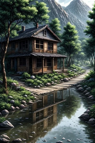 house in mountains,house with lake,house in the mountains,home landscape,lonely house,the cabin in the mountains,house by the water,house in the forest,japan landscape,fisherman's house,landscape background,ryokan,mountain scene,cottage,summer cottage,mountain settlement,wooden house,tsukemono,mountain village,traditional house