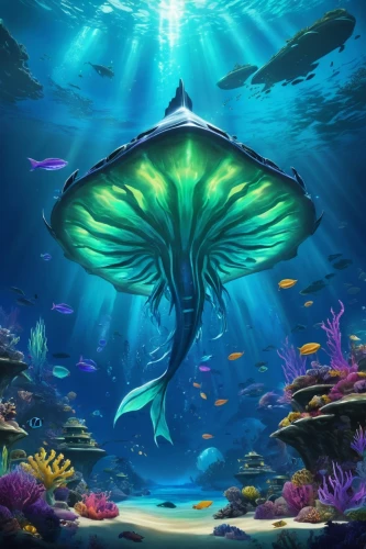 underwater background,marine reptile,under sea,sea animal,underwater landscape,underwater world,manta,mermaid background,sea life underwater,marine life,aquatic animals,manta ray,sea animals,sea-life,under the sea,marine animal,undersea,giant fish,cuthulu,ocean background,Illustration,Realistic Fantasy,Realistic Fantasy 20