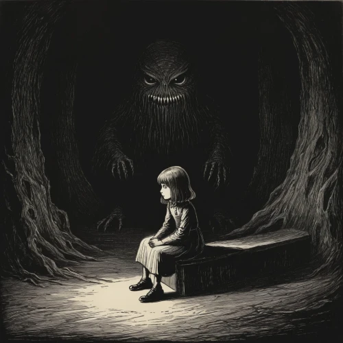 child monster,the little girl,lonely child,child is sitting,dark art,encounter,the girl next to the tree,creepy,creeper,phobia,nightmare,creature,unhappy child,haunting,child,krampus,children's fairy tale,tale,loneliness,dark world,Illustration,Black and White,Black and White 23