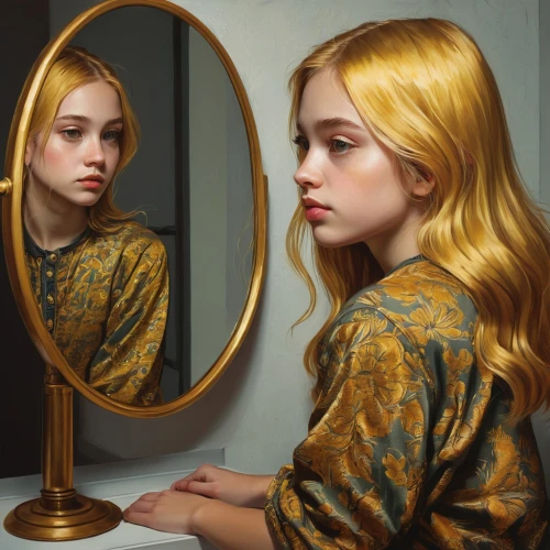 doll looking in mirror,the mirror,makeup mirror,mirror,mirror image,mirror reflection,in the mirror,blond girl,magic mirror,self-reflection,mirrors,portrait of a girl,mystical portrait of a girl,outside mirror,blonde girl,golden haired,mary-gold,mirrored,blonde woman,mirror frame,Conceptual Art,Daily,Daily 02