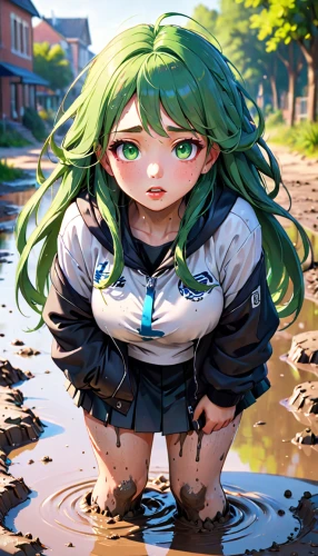 puddle,puddles,frog background,green water,distressed clover,wet girl,water spinach,storm drain,mud,bitter clover,worried girl,sinkhole,water frog,emerald,after rain,medusa,wading,bottomless frog,green frog,lily pad,Anime,Anime,Cartoon