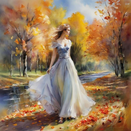 autumn background,autumn landscape,autumn idyll,autumn scenery,fall landscape,autumn leaves,autumn day,oil painting on canvas,the autumn,art painting,light of autumn,in the autumn,autumn icon,girl in a long dress,oil painting,golden autumn,romantic portrait,one autumn afternoon,photo painting,woman walking,Illustration,Paper based,Paper Based 11