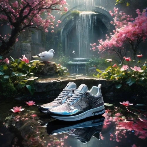 water shoe,cinderella shoe,fantasy picture,bathing shoes,cinderella,running shoes,wonderland,running shoe,the cherry blossoms,springtime background,sneakers,spring background,flower water,outdoor shoe,blue birds and blossom,walking shoe,cherry blossoms,nike free,spring nature,photo manipulation,Photography,General,Fantasy