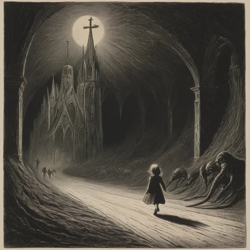 haunted cathedral,dark gothic mood,burial ground,pilgrimage,gothic,grave light,hollow way,vintage illustration,andreas cross,lamplighter,gothic woman,pall-bearer,sepulchre,gothic style,pilgrim,all saints' day,gothic church,mourning,place of pilgrimage,vintage halloween,Illustration,Black and White,Black and White 23