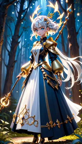 blue enchantress,winterblueher,fantasia,forest background,monsoon banner,elza,fairy tale character,summoner,mezzelune,rusalka,constellation lyre,vexiernelke,eufiliya,luna,show off aurora,vanessa (butterfly),priestess,water-the sword lily,sterntaler,poker primrose,Anime,Anime,Cartoon