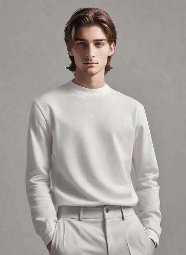 male model,long-sleeved t-shirt,white clothing,white shirt,men's wear,white-collar worker,polo shirt,white coat,long underwear,menswear,bolero jacket,men clothes,neutral color,boy model,garment,épée,undershirt,valentino,white,linen,Photography,Realistic